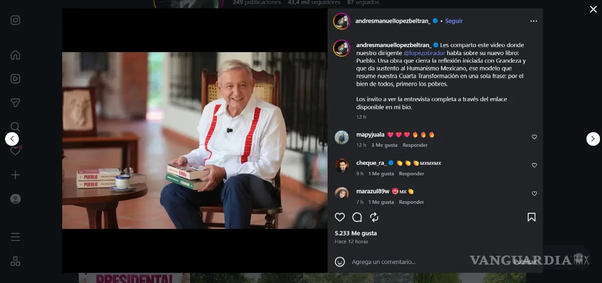 $!Historia capturada del perfil de Instagram de Andrés Manuel López Beltrán