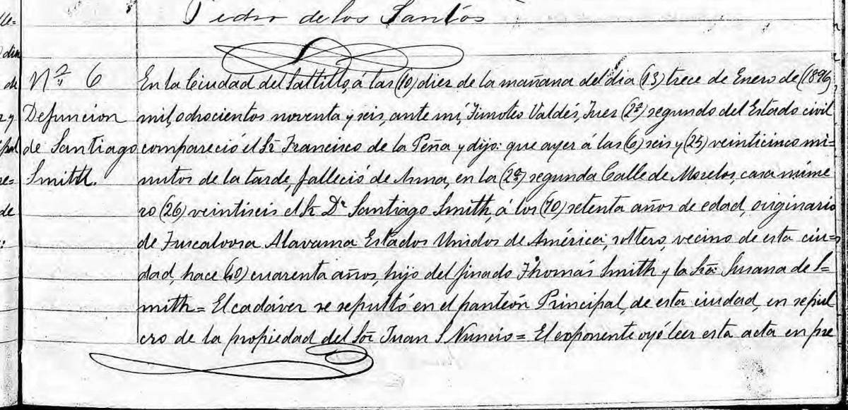 $!Registro de defunción del Sr. D. Santiago Smith, a los setenta años de edad, soltero, originario de Tuscaloosa, Alabama, Estados Unidos de América, y vecino de esta ciudad desde hace cuarenta años.
