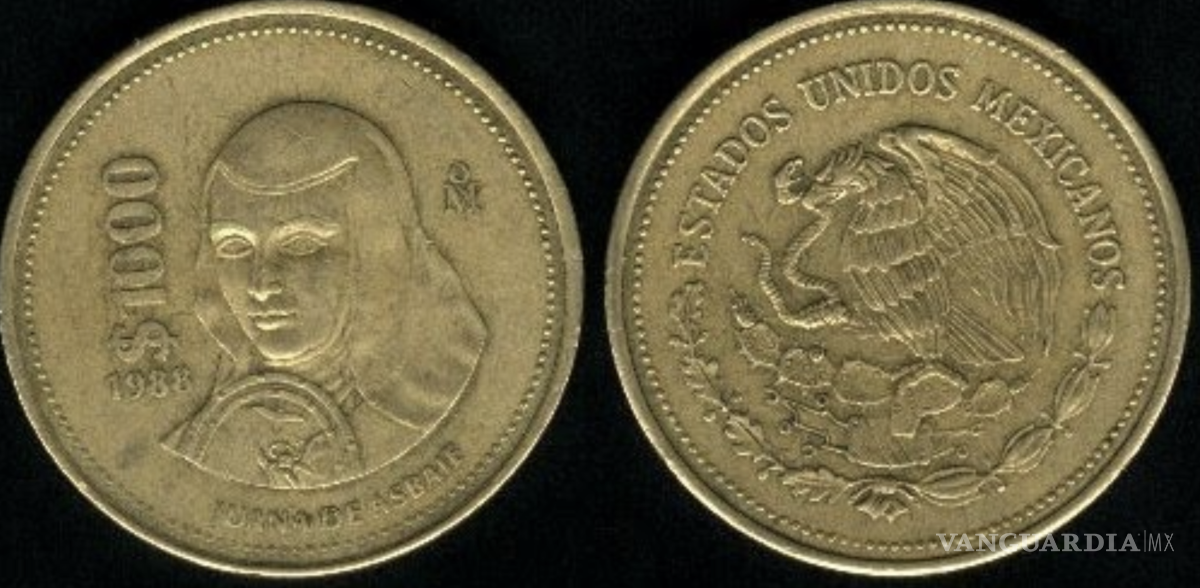 $!Moneda de $1000 pesos con la imagen de Sor Juana Inés de la Cruz, acuñada en 1988.