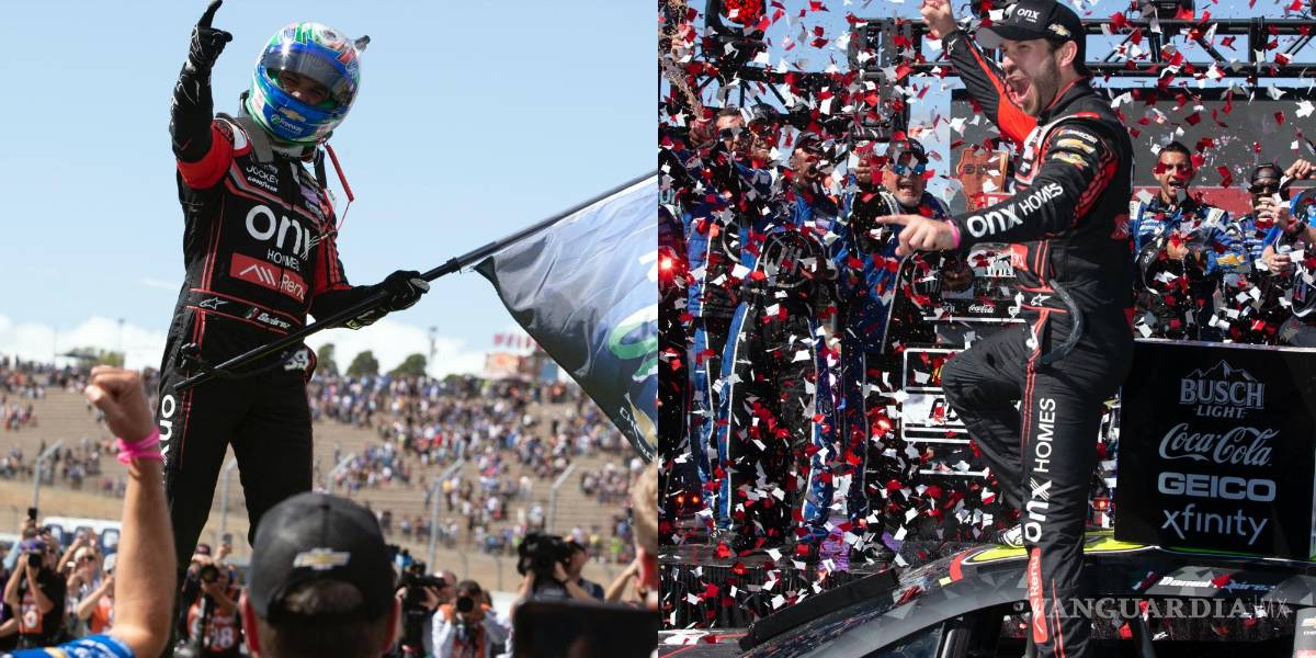 $!Daniel Suárez parado encima de su auto después de ganaren la NASCAR Cup Series (d). El piloto mexicano celebra su histórica victoria (i).