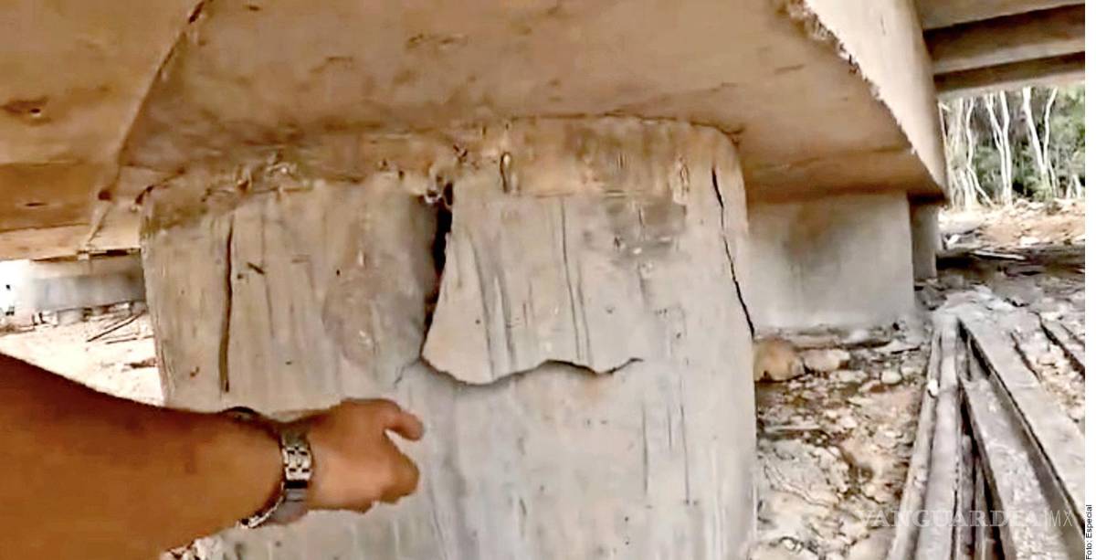 $!Activistas exhiben cuarteaduras en pilotes del Tramo 5 del Tren Maya