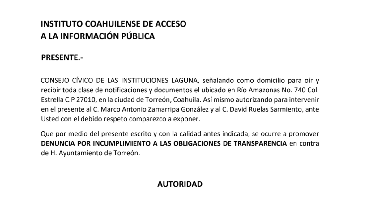 $!Esta es una de las denuncias interpuestas por el CCI Laguna por fallas en la publicación de la Información Pública de Oficio.