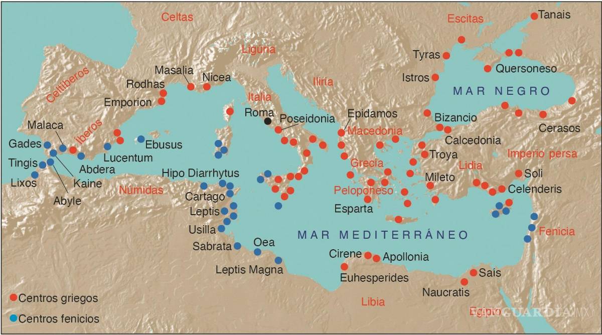 $!Mapa de asentamientos griegos y fenicios. (Eduard Dalmau). EFE/Penguin Random House Grupo Editorial