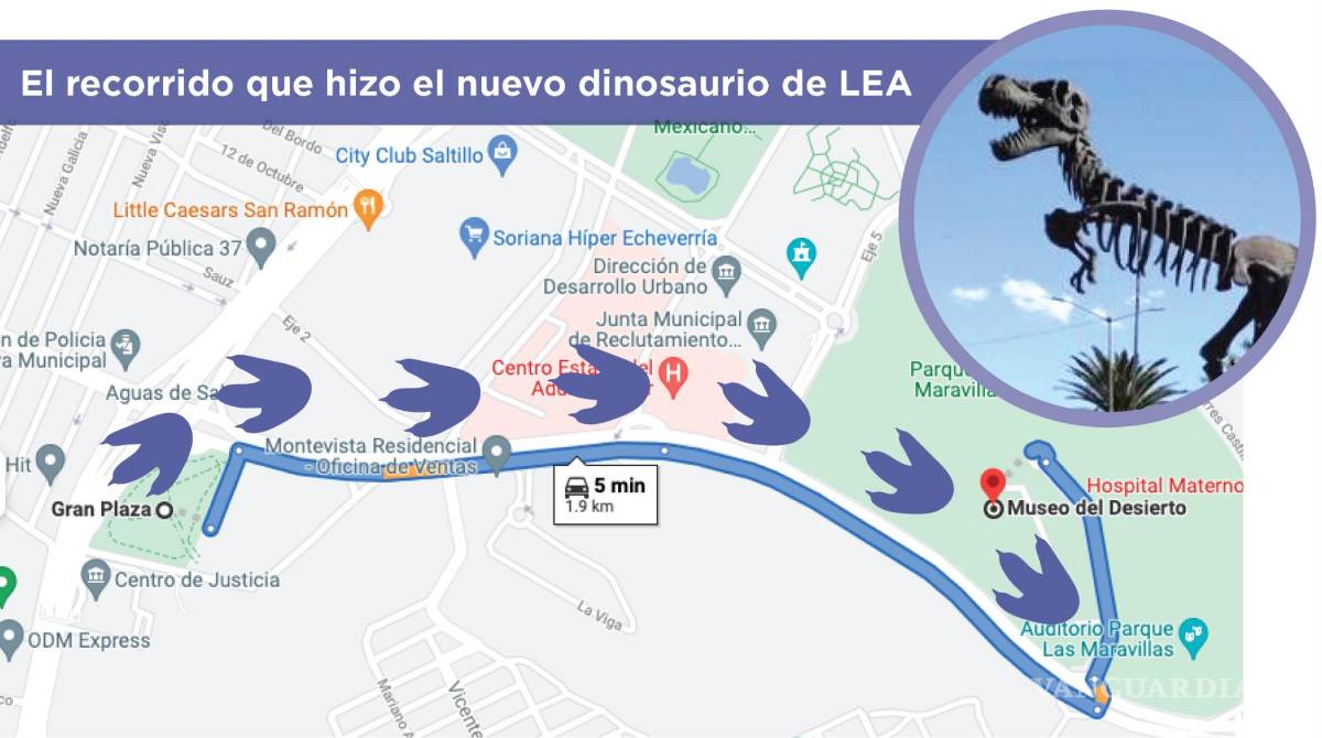 $!Dos kilómetros; lo que ‘caminó’ el T-Rex del MUDE de Coahuila hasta su nueva ubicación en Saltillo