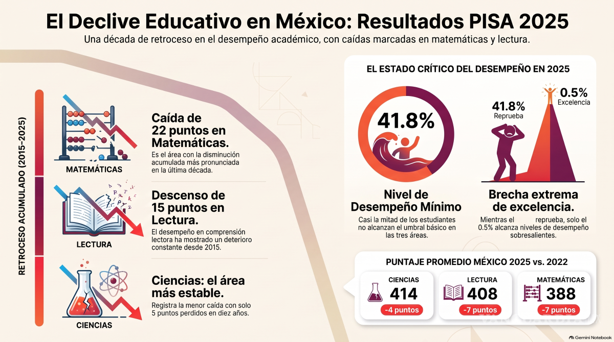 $!México retrocede en lectura y matemáticas en PISA 2025; 41.8% queda bajo nivel mínimo