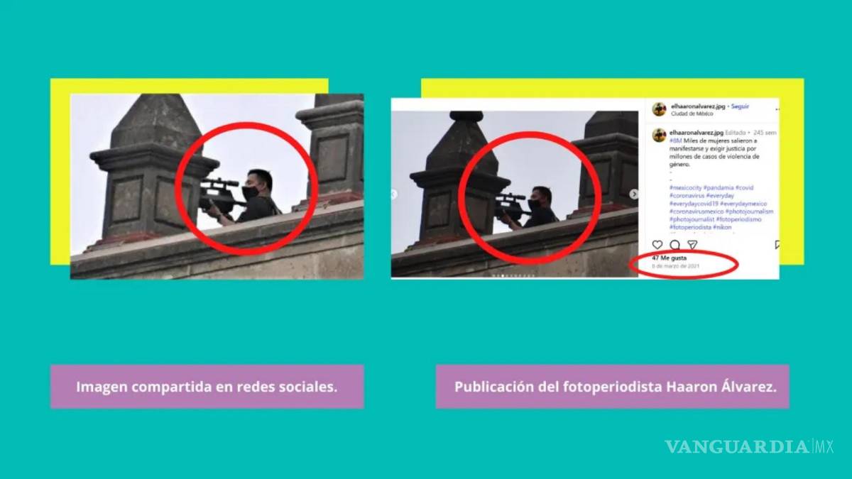 $!En la imagen de la izquierda es la que divulgaron varias redes sociales en la que aseguraban era un francotirador, la de la derecha es la fotografía tomada e 2021.