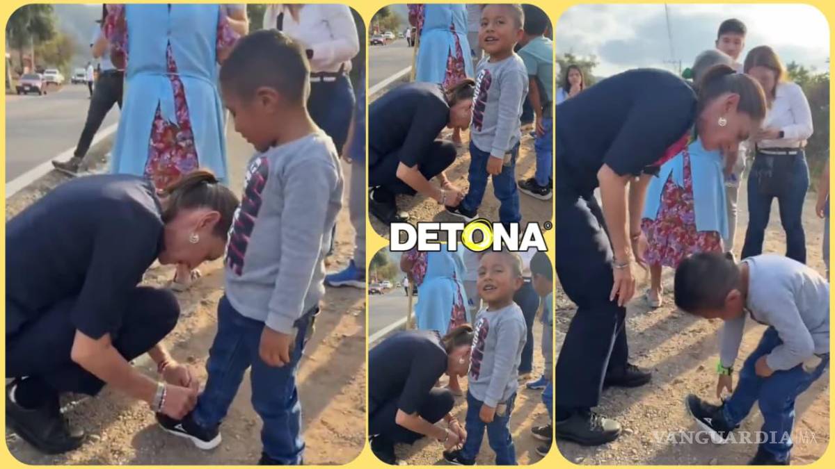$!Sheinbaum abrochó las agujetas a un niño de Oaxaca, el 22 de marzo de 2025. El área de prensa revivió ayer ese momento.