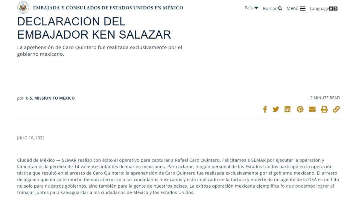 $!DEA participó en captura de Caro Quintero... pero Ken Salazar dice que fue ‘exclusiva’ de México