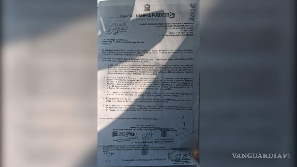 $!Oficio de respuesta del Ayuntamiento de Torreón que confirma que muchos predios son o fueron parte del municipio.