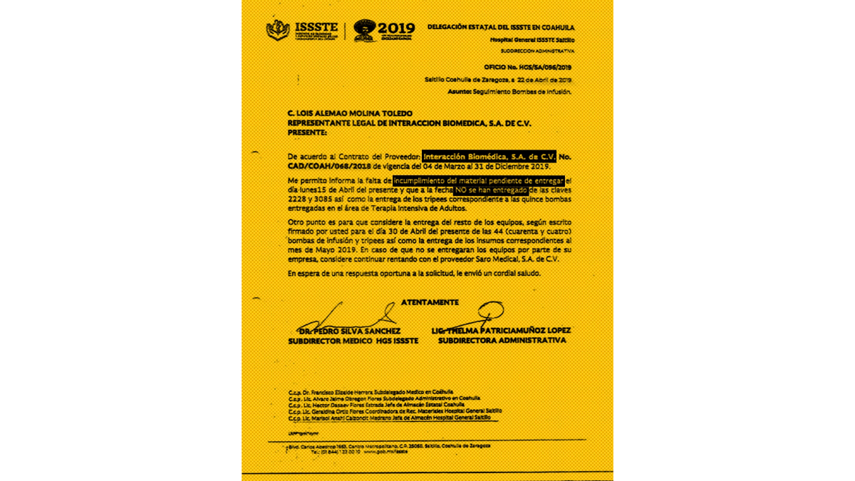 $!La delegación del ISSSTE en Coahuila dirigió oficios a Interacción Biomédica por el incumplimiento del contrato.