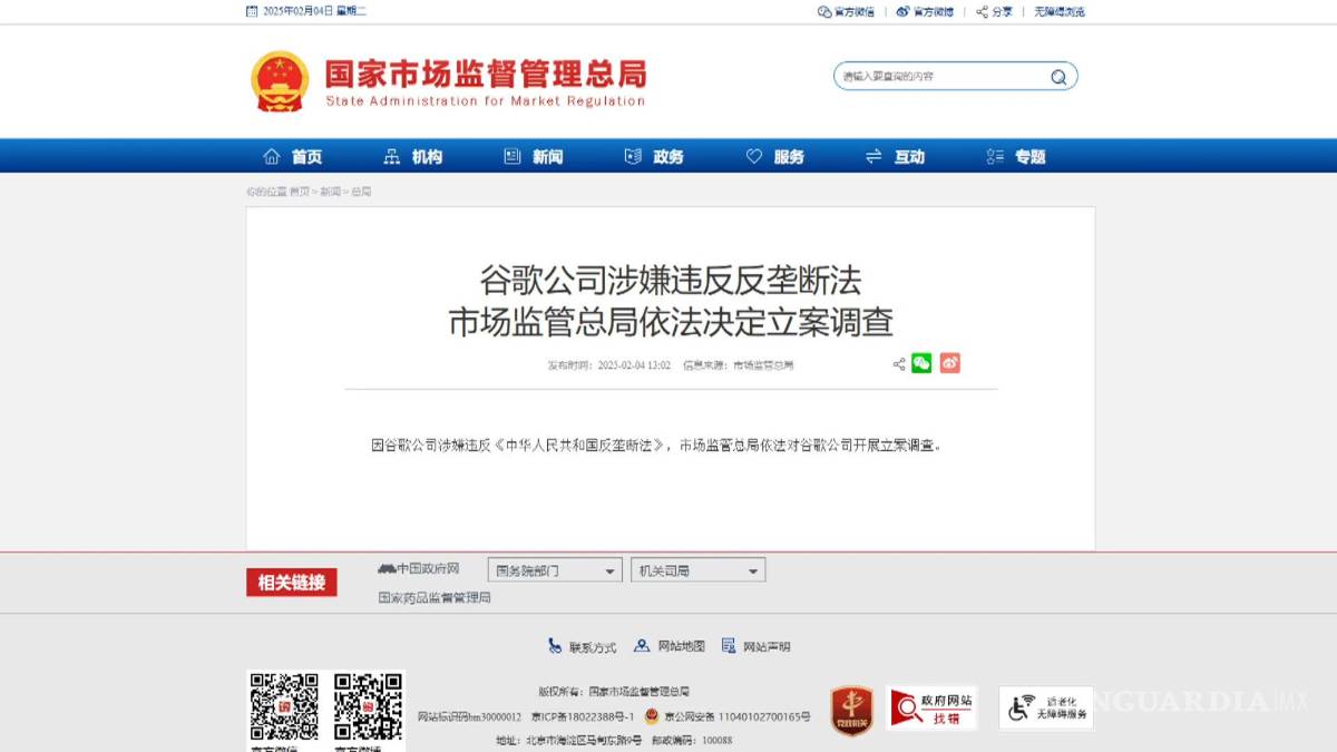$!La Administración Estatal de Regulación del Mercado de China anunció que inició una investigación formal contra Google.