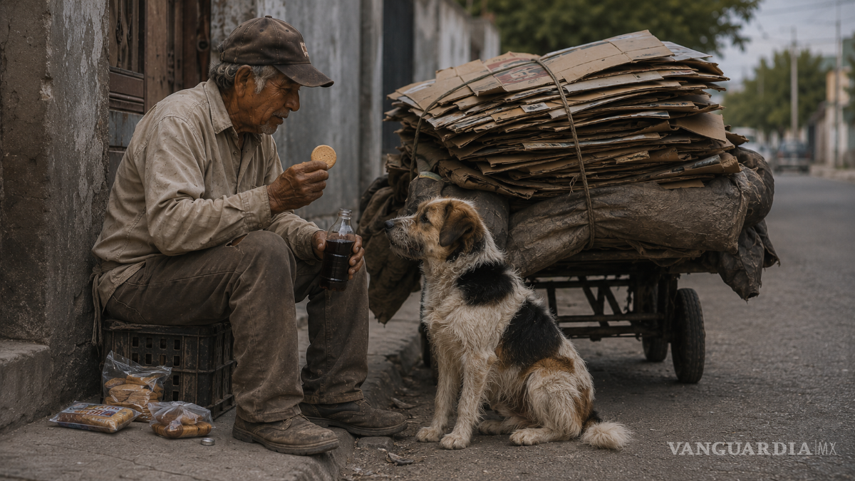 $!Don Cartonero hace una pausa junto a su carrito. Su almuerzo es un Barrilito de ponche y unas galletas que comparte con Pinto antes de continuar el recorrido.