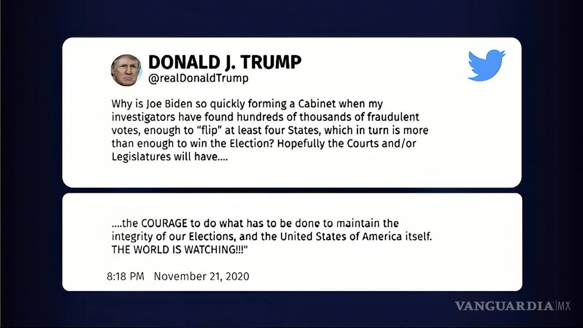 $!Un tuit del presidente Donald Trump en una audiencia del comité selecto de la Cámara que investiga el ataque del 6 de enero contra el Capitolio de EU.