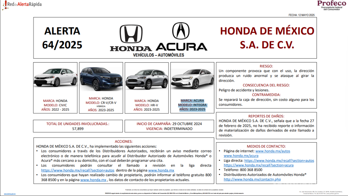 $!Profeco y Honda anuncian llamado a revisión para más de 57 mil vehículos en México