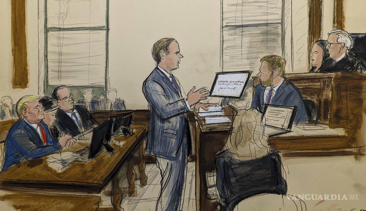 $!En el grabado se observa al abogado de Trump, Christopher Kise, presentando sus argumento al juez Arthur Engoron.