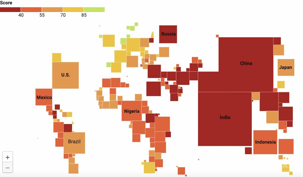 $!Mapa del Índice 2024. Por razones técnicas, estos territorios no están representados: Tonga, Seychelles, Liechtenstein, Kosovo, Andorra y Chipre del Norte.