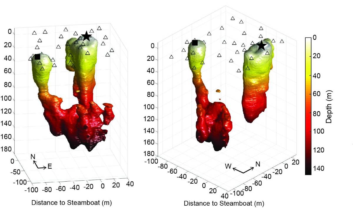 $!Contorno de las tuberías hidrotermales de Steamboat Geyser (estrella negra) y Cistern Spring (cuadrado negro), desde distintos ángulos.
