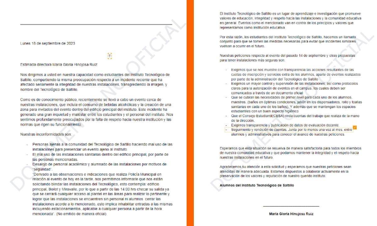 $!Pliego petitorio de alumnos del Tecnológico de Saltillo. Llaman a manifestación el 18 de septiembre de 2023.