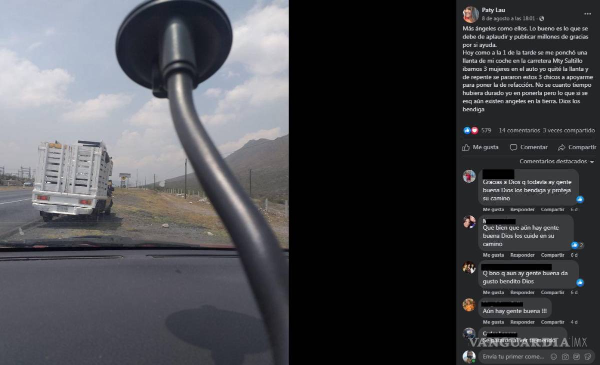 $!Usuaria agradece a jóvenes que le ayudaron a cambiar un neumático en carretera Monterrey-Saltillo.