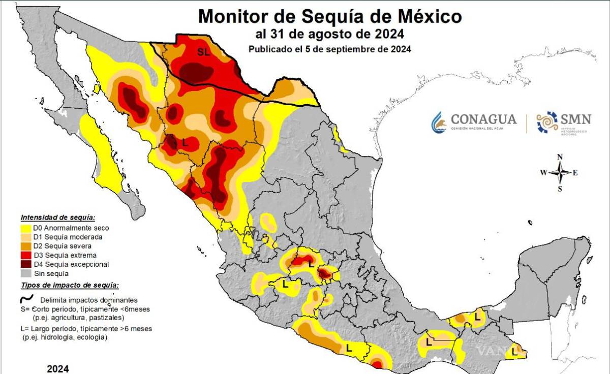 $!Así se ve el país y Coahuila, ya son pocos estados que presentan niveles excepcionales de sequía.