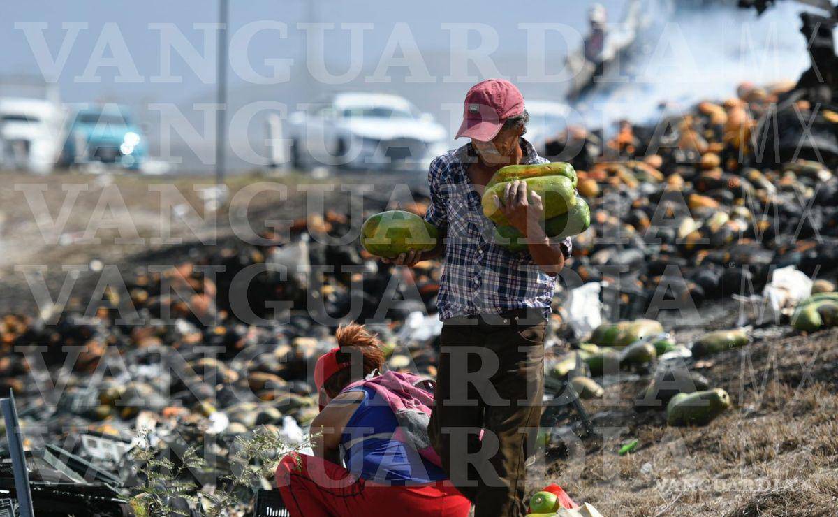 $!Los vecinos del lugar se llevaron las papayas del tráiler siniestrado.
