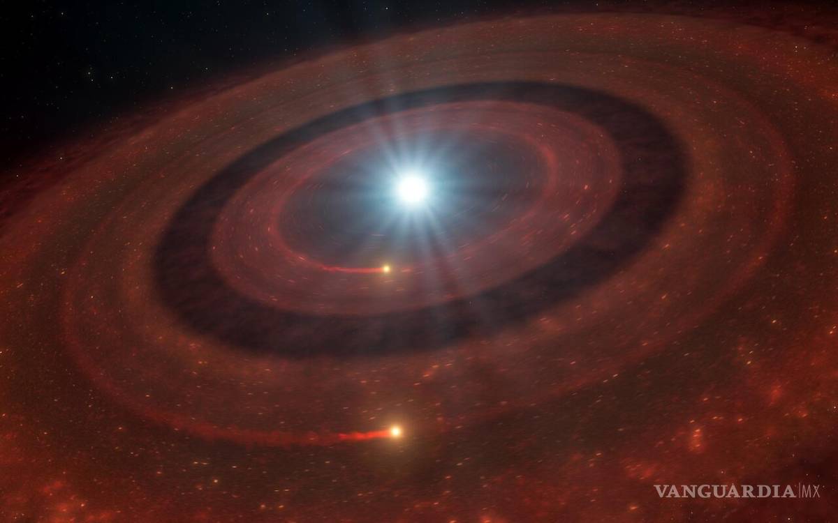 $!Ilustración muestra un disco de escombros alrededor de la enana blanca J1328−1450,el núcleo remanente de una estrella similar a nuestro Sol que, al final de su vida, expulsó sus capas exteriores.