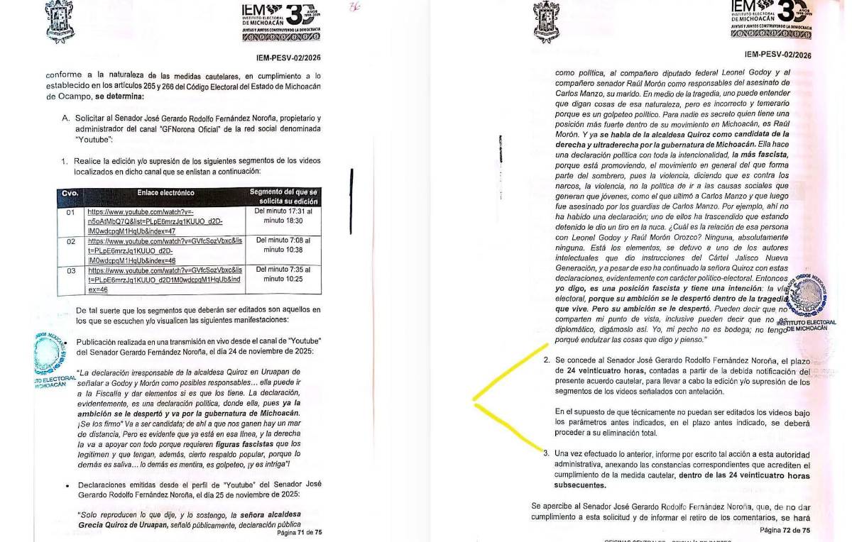$!IEM ordena a Fernández Noroña retirar contenidos contra alcaldesa de Uruapan por violencia política de género