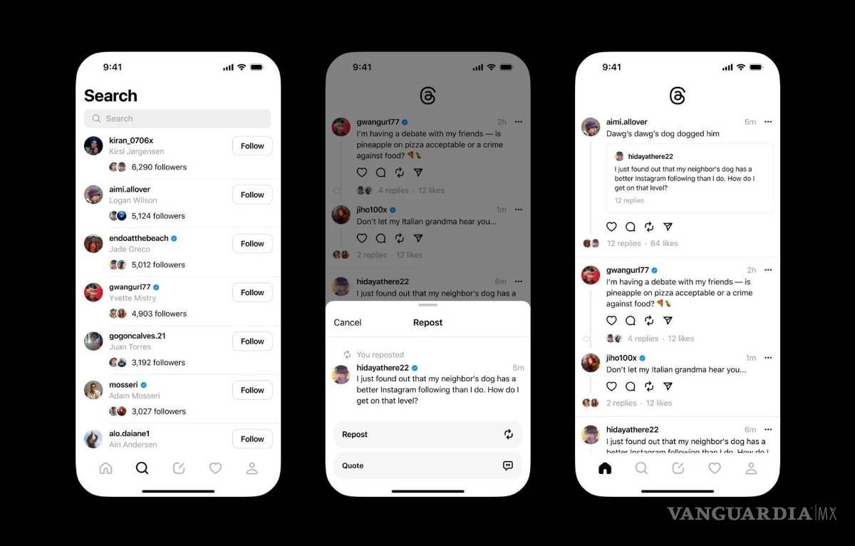 $!Tres pantallas de cómo buscar una persona, un tema o una publicación desde la cuenta de una persona en Threads, la nueva red social de microblogging de Meta.