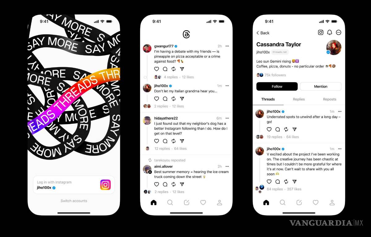 $!Composición de tres fotografías divulgadas por Meta de tres capturas de la entrada, portada y página personal de la cuenta de una persona en Threads.