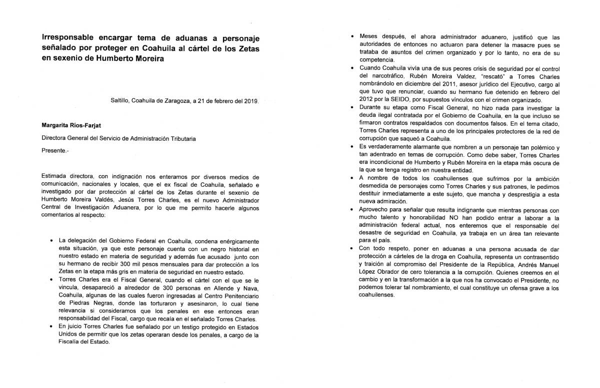 $!Reyes Flores, delegado de AMLO en Coahuila, exige al SAT destitución de Torres Charles