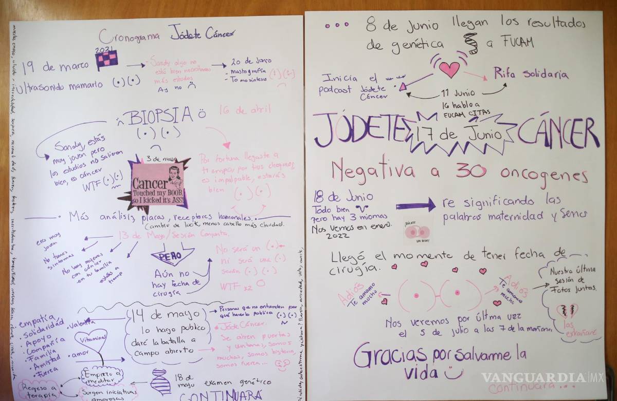 $!Fotografía de un cronograma de Sandra Monroy, donde escribió los sucesos relacionados con el cáncer en la Ciudad de México, tres meses después de que se le practicara una masectomía bilateral a causa del cáncer de mama que padecía. Sin embargo, se enfrentó a la enfermedad y tras una mastectomía bilateral que le salvó la vida, optó por no reconstruir sus senos e impulsar una red de acompañamiento a través de su iniciativa “Jódete cáncer”. EFE/Sáshenka Gutiérrez