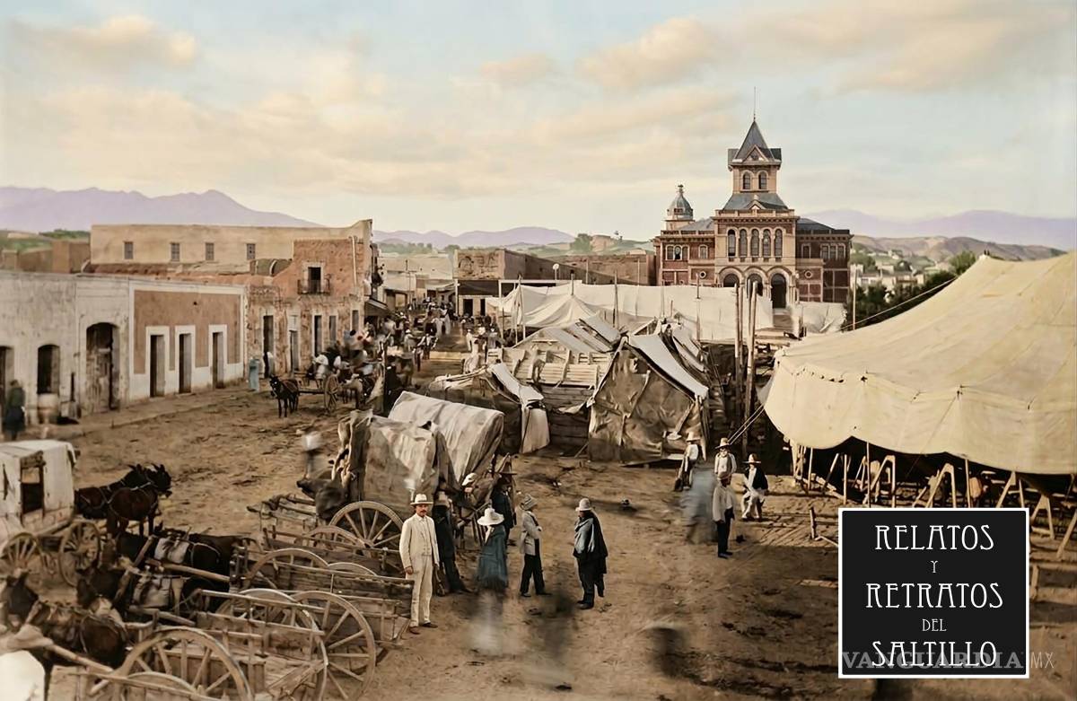$!La antigua Plaza de Tlaxcala, después del Comercio, fue el escenario de la famosa feria del Saltillo por muchos años. Imagen coloreada por IA