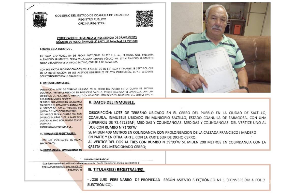$!Certificado de libertad de gravamen, tramitado por notario público en 2021, consigna que el lote ubicado en el Cerro del Pueblo es propiedad de José Luis Pérez Narro.