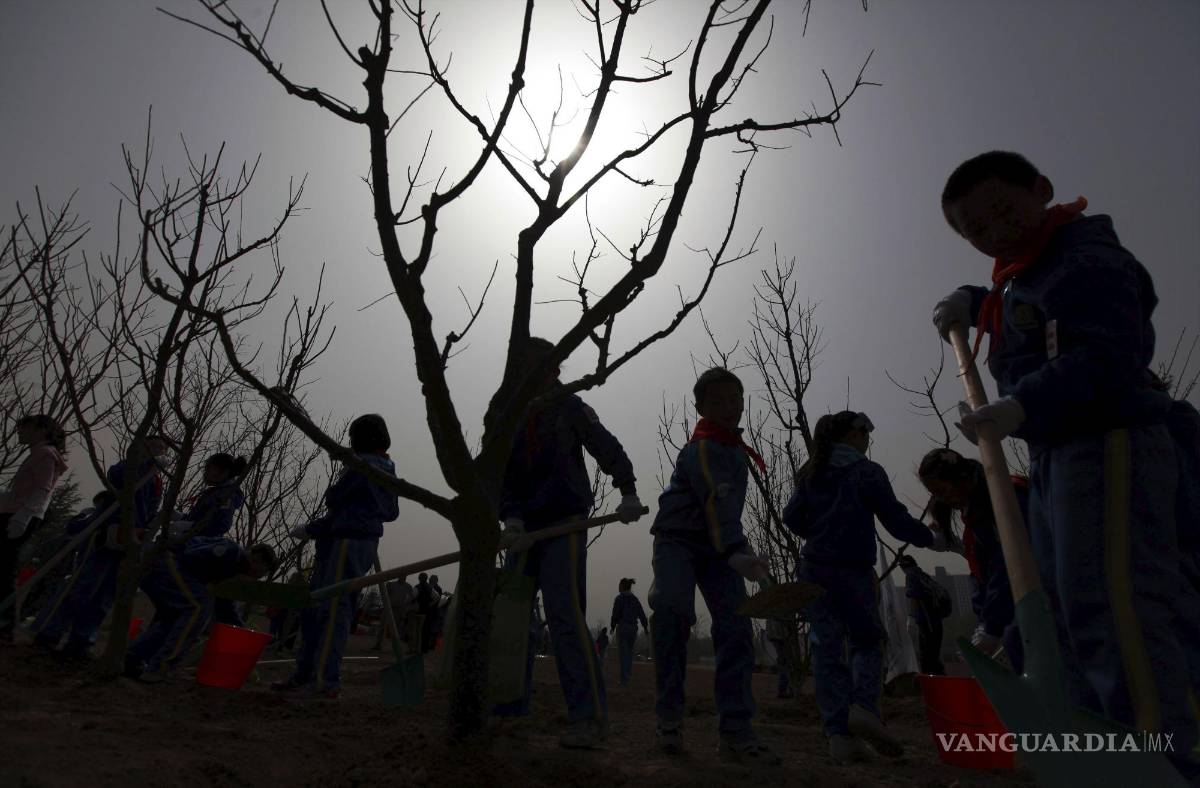$!Un grupo de niños plantan árboles con motivo del Año Internacional de los Bosques en Pekín, China.