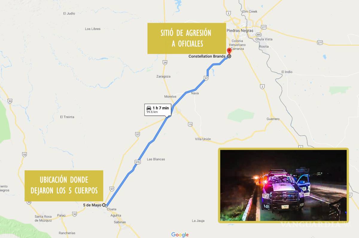 $!Dejan 5 cuerpos a Policía Investigadora en San Juan de Sabinas, Coahuila, y agreden a oficiales cerca de cervecera en Nava