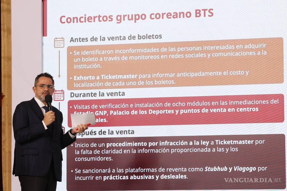$!Iván Escalante, director de Profeco, dio a conocer las acciones que se están emprendiendo para poder regular la venta de boletos de BTS, esto ante las denuncias de sus fans quienes señalaba que las empresas de vender los tickets no ofrecer las reglas claras para poder comprarlos, esto durante la Mañanera del Pueblo.