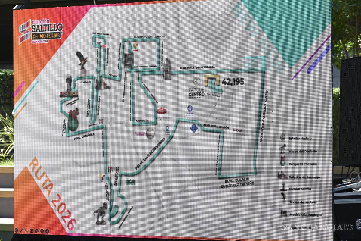 $!La ruta del Maratón Saltillo La Moderna 2026 recorrerá puntos emblemáticos de la ciudad, con salida desde Parque Centro y paso por espacios como el Museo del Desierto, la Catedral de Santiago, el Estadio Madero y el Ateneo Fuente.