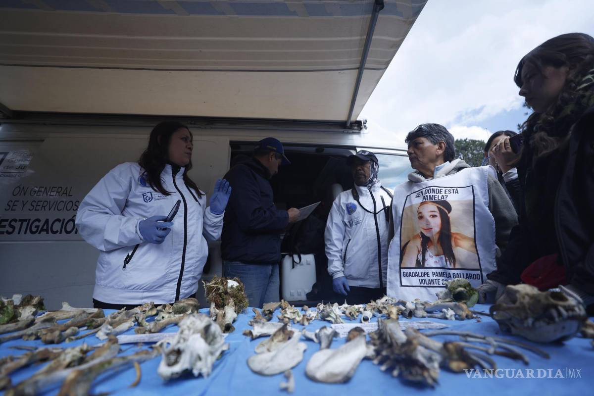 $!Peritos de la Fiscalía General de Justicia y María del Cármen Volante (2-d) madre de Guadalupe Pamela Gallardo, observan restos óseos durante en el Ajusco, CDMX.