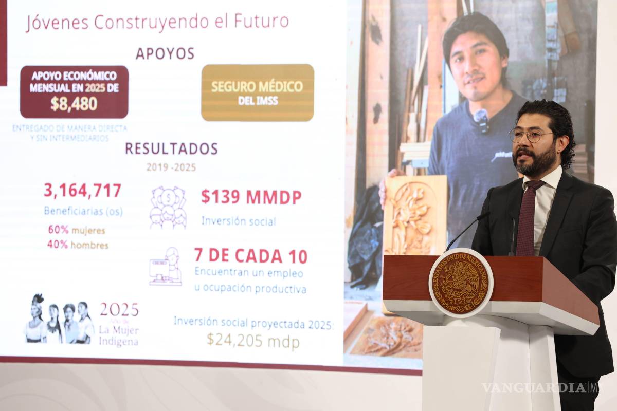 $!CIUDAD DE MÉXICO, 19MAYO2025.- Marath Bolaños, secretario del Trabajo, dio detalles del programa Jovenes construyendo el futuro, el cual impulsa a este sector de la población para su inserción en el mundo laboral, durante la mañanera del pueblo en Palacio Nacional. FOTO: MOISÉS PABLO/CUARTOSCURO.COM