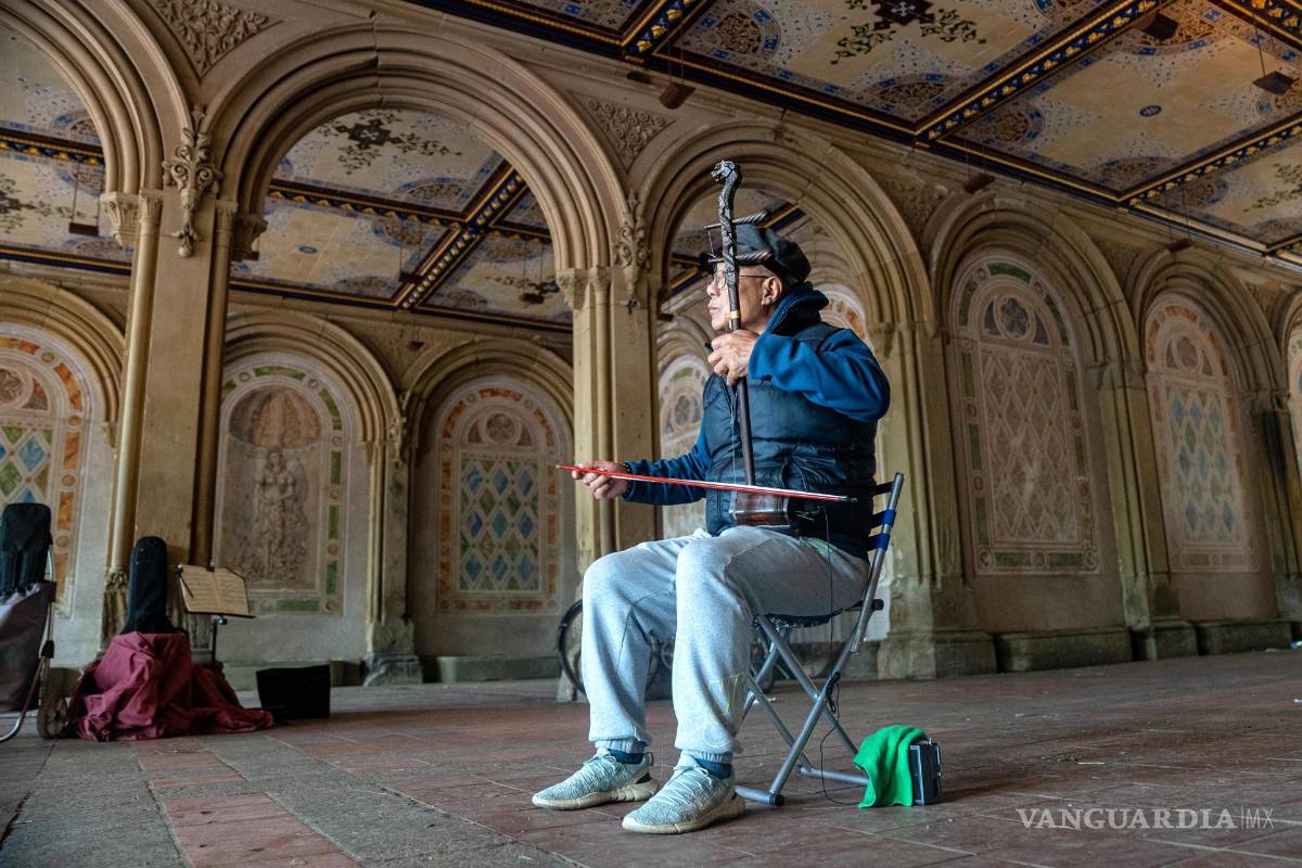 $!Un hombre toca el erhu o violín chino en el Central Park de Nueva York.