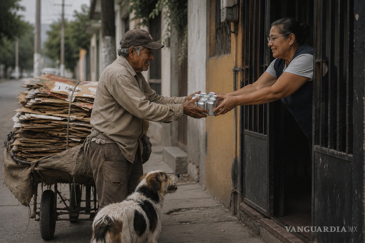 $!Una vecina le entrega las latas que separó para su recorrido. Estos pequeños acuerdos con habitantes y comerciantes permiten que la jornada produzca un poco más.