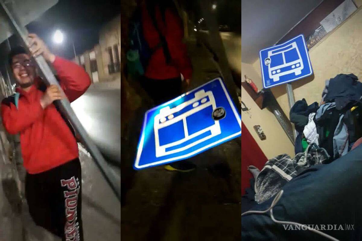 Joven de Saltillo se lleva a su casa señalamiento vial y lo presume