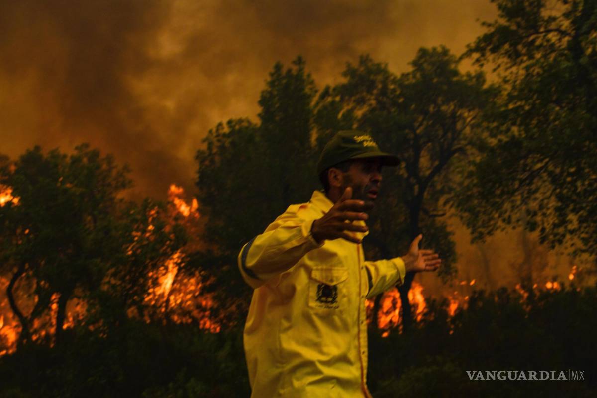 $!Un bombero reacciona mientras intenta apagar un incendio forestal causado por temperaturas extremas en Larache, al norte de Marruecos.