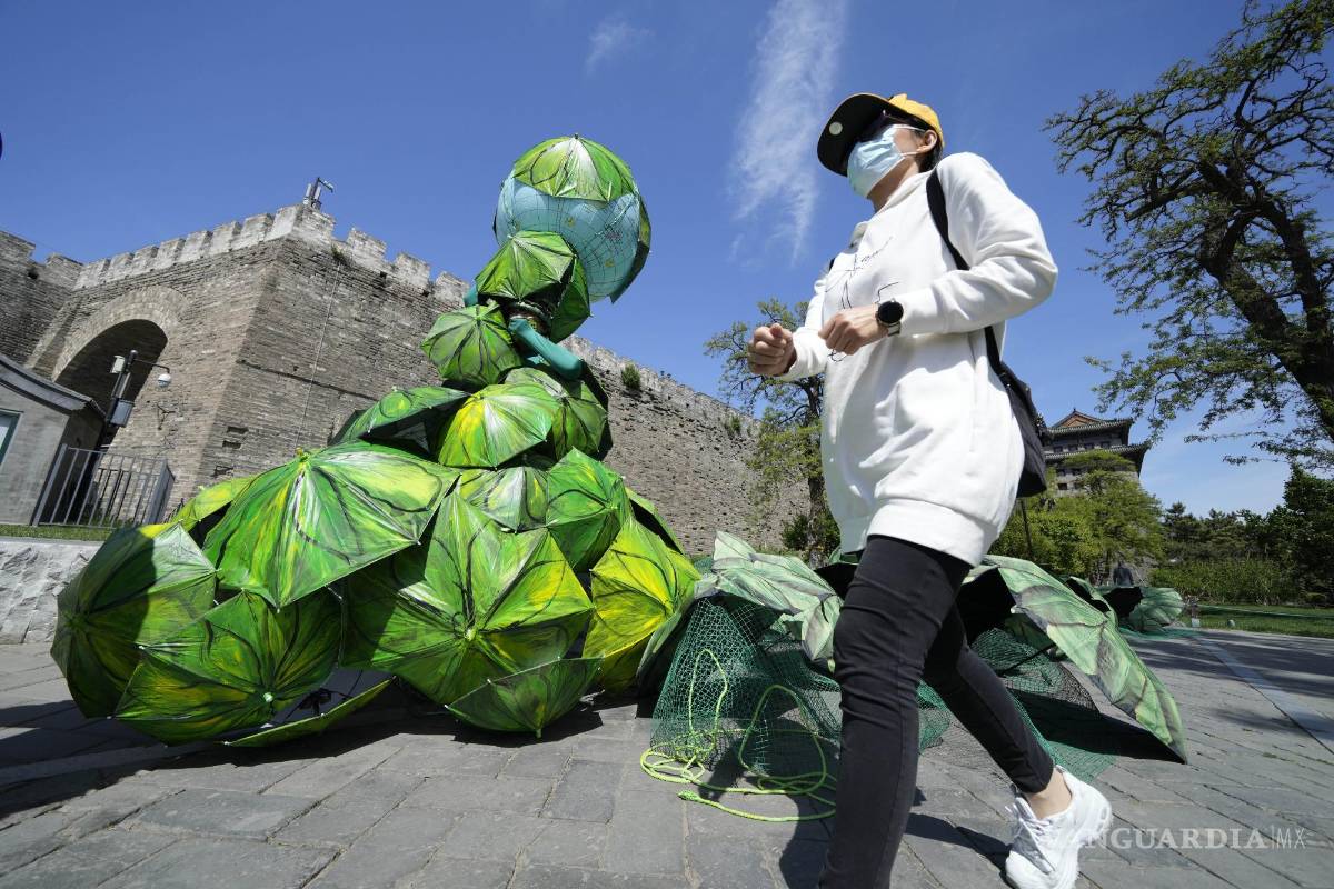 $!El artista chino Kong Ning con su último trabajo “Proteger la Tierra con sombrillas de hojas de plátano” para conmemorar el Día de la Tierra en Beijing.