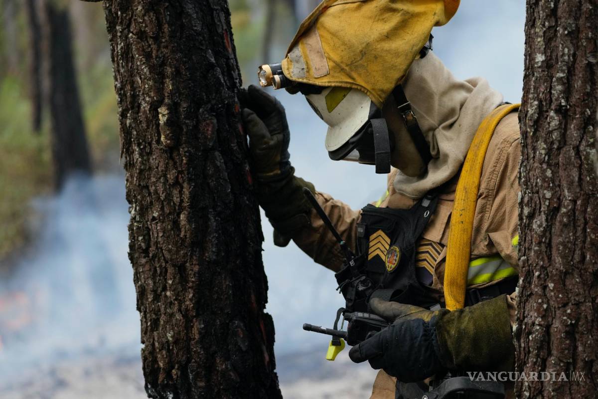 $!Un bombero de la Guardia Nacional Republicana hace una pausa para hablar por radio mientras apaga un incendio forestal en el pueblo de Rebolo, Portugal.