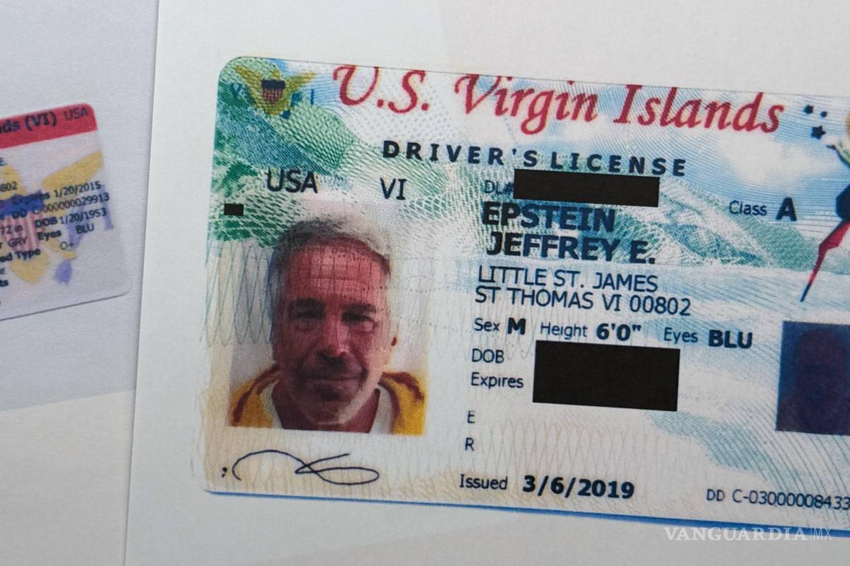$!Un documento parcialmente censurado de una licencia de conducir de las Islas Vírgenes Estadounidenses de Jeffrey Epstein.