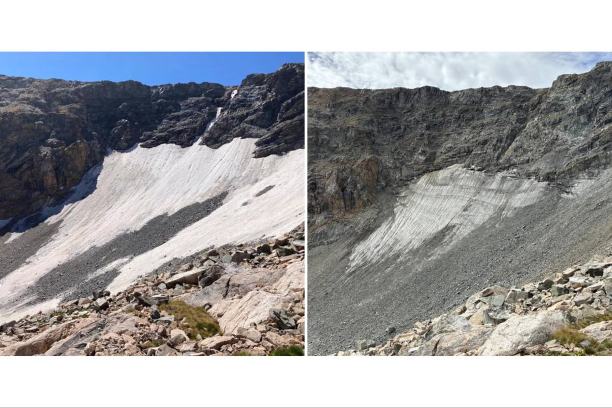 $!El glaciar St. Vrain en las Montañas Rocosas, cerca de Allenspark, Colorado, el 1 de septiembre de 2024, a la izquierda, y el 6 de septiembre de 2026.