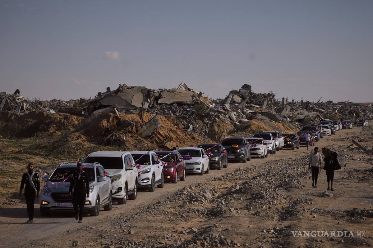 $!Un convoy de novios palestinos viaja a la ciudad de Hamad en Khan Yunis, en la Franja de Gaza, para participar en una ceremonia de boda masiva.