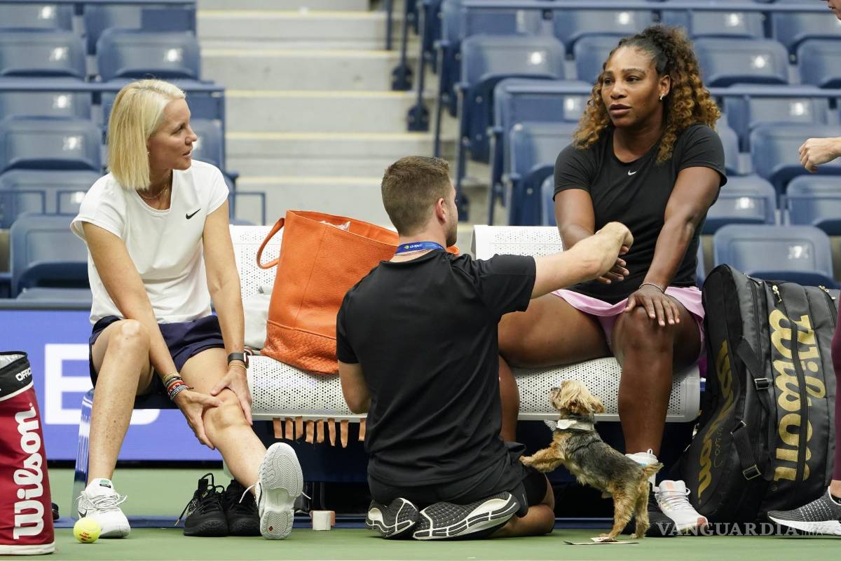 $!Un perro pequeño intenta llamar la atención mientras Serena Williams mientras se prepara para practicar en el estadio Arthur Ashe en Nueva York.