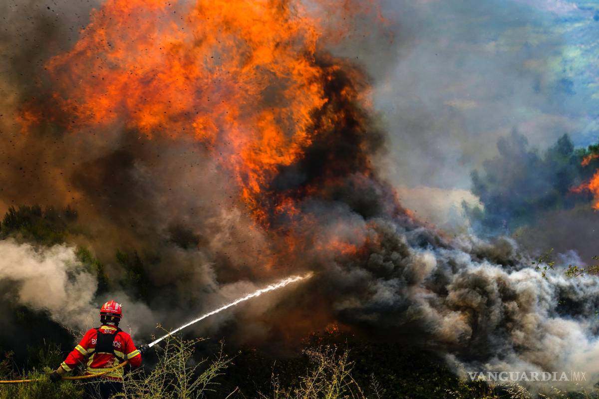 $!Un bombero combate las llamas que rodean el pueblo de Ancede durante un incendio forestal en el municipio de Baiao, al norte de Portugal.